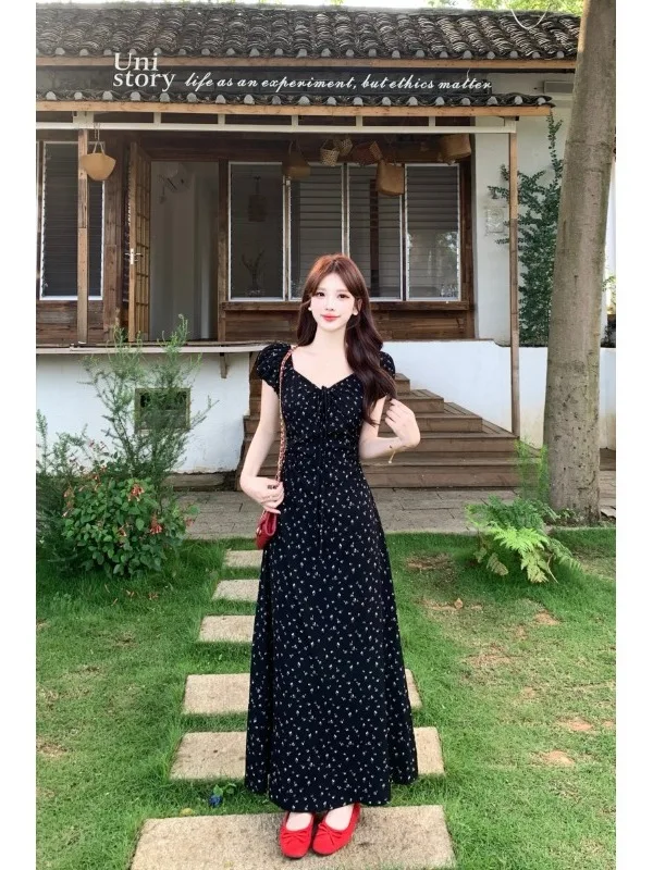 

plus Size Floral Print V-Neck Dress Belted Slimming Design Korean Style Commute A-Line Skirt Long Summer New Arrival