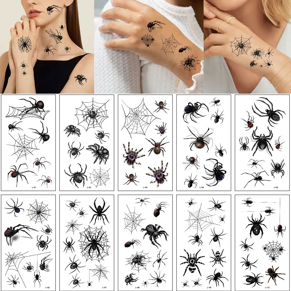 10 Sheets Spider Web Temporary Tattoos for Men Women Realistic Tattoo Stickers for Halloween Party Fake Tattoo Waterproof