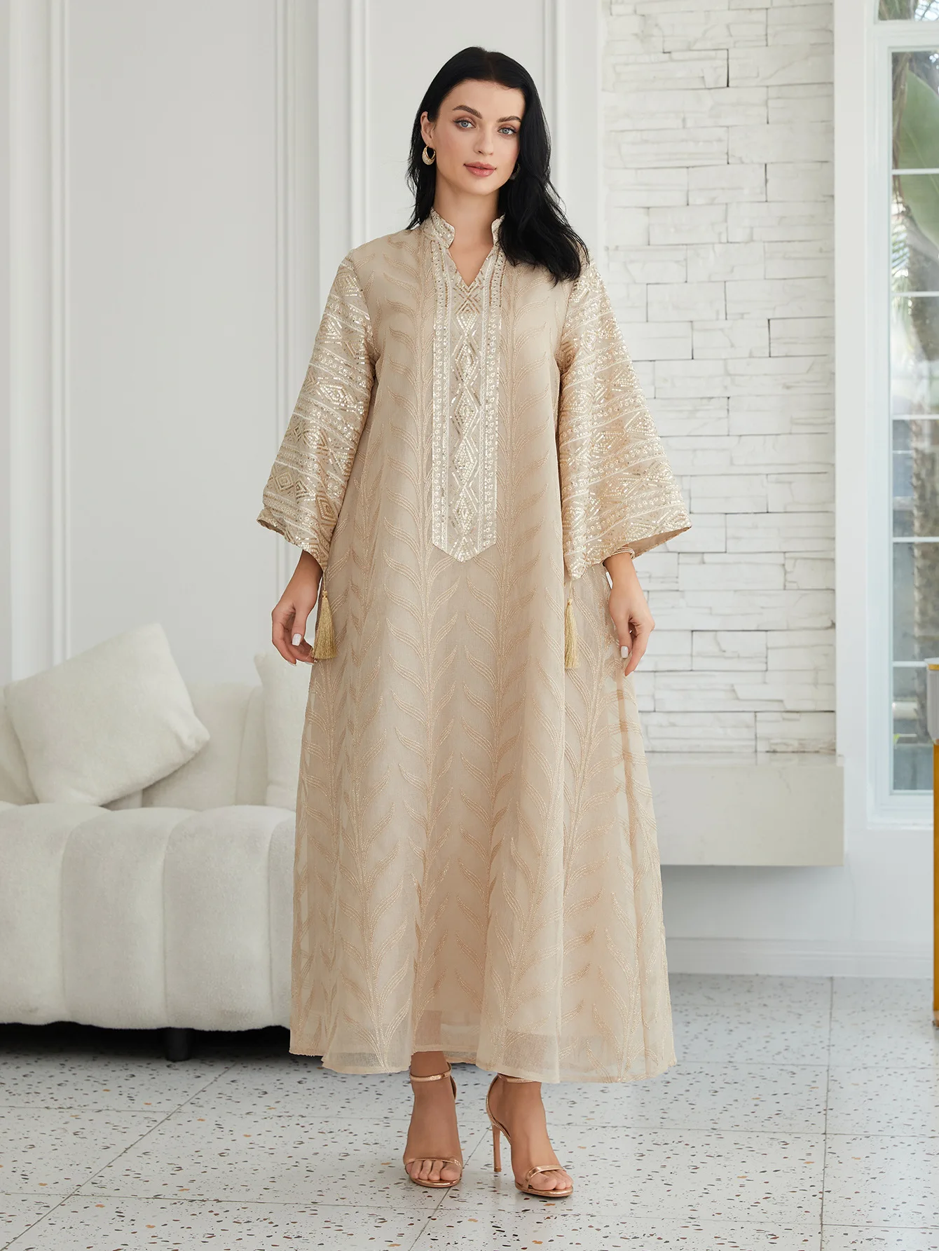 

Мусульманское скромное платье с пайетками и вышивкой, больших размеров, элегантное, с длинными рукавами, струящееся, восточное платье-абайя, шикарное вечернее платье для вечеринок