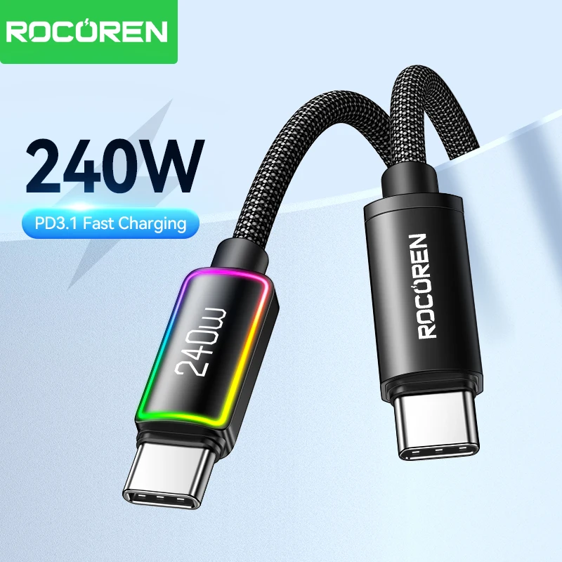 Rocoren 240W 5A High Power Fast Charging Type C Cable 100W PD 3.1 USB C Quick Charging Date Cord For iPhone Samsung Laptop iPad