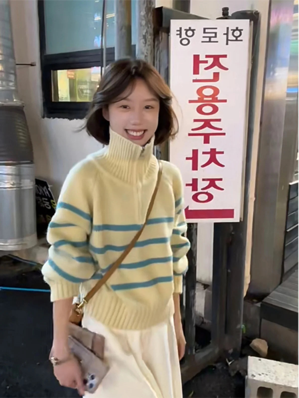 هونج كونج Sle مخطط عالية الياقة سترة المرأة الخريف الشتاء فوفو محبوك أعلى f سستة فضفاضة تناسب طويلة Sve شريط