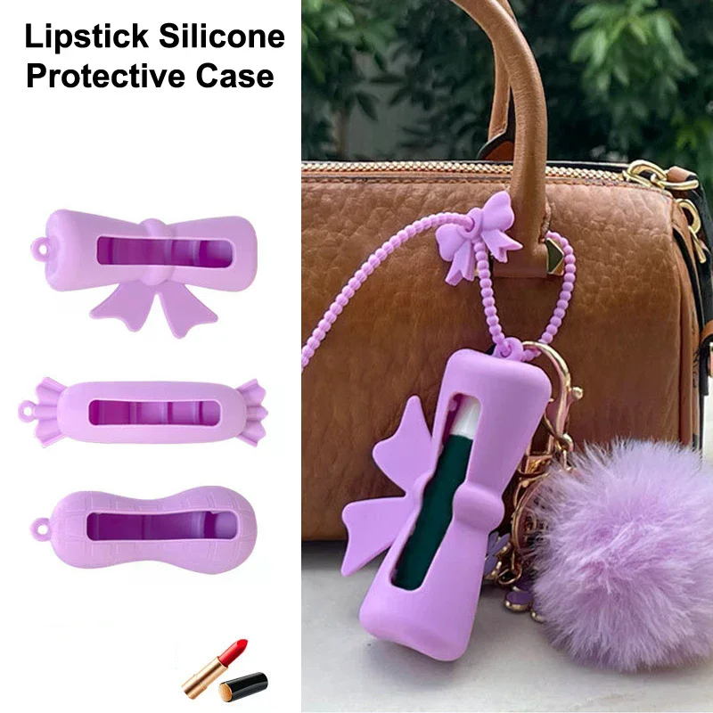 Bogen Süßigkeiten Erdnuss Form Silikon Lippenstift Abdeckung Schlüsselanhänger Tragbare Einfarbig Lippenstift Lagerung Tasche Leichte Lippenbalsam Halter