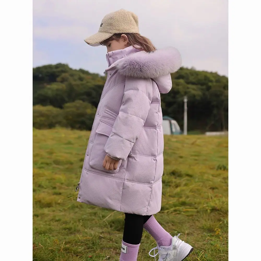 

5-15Y Girls White Duck Down Jacket For Winter Fur Collar Parkas Snowsuit Hooded Long Kids Coat Children's Clothing 2025