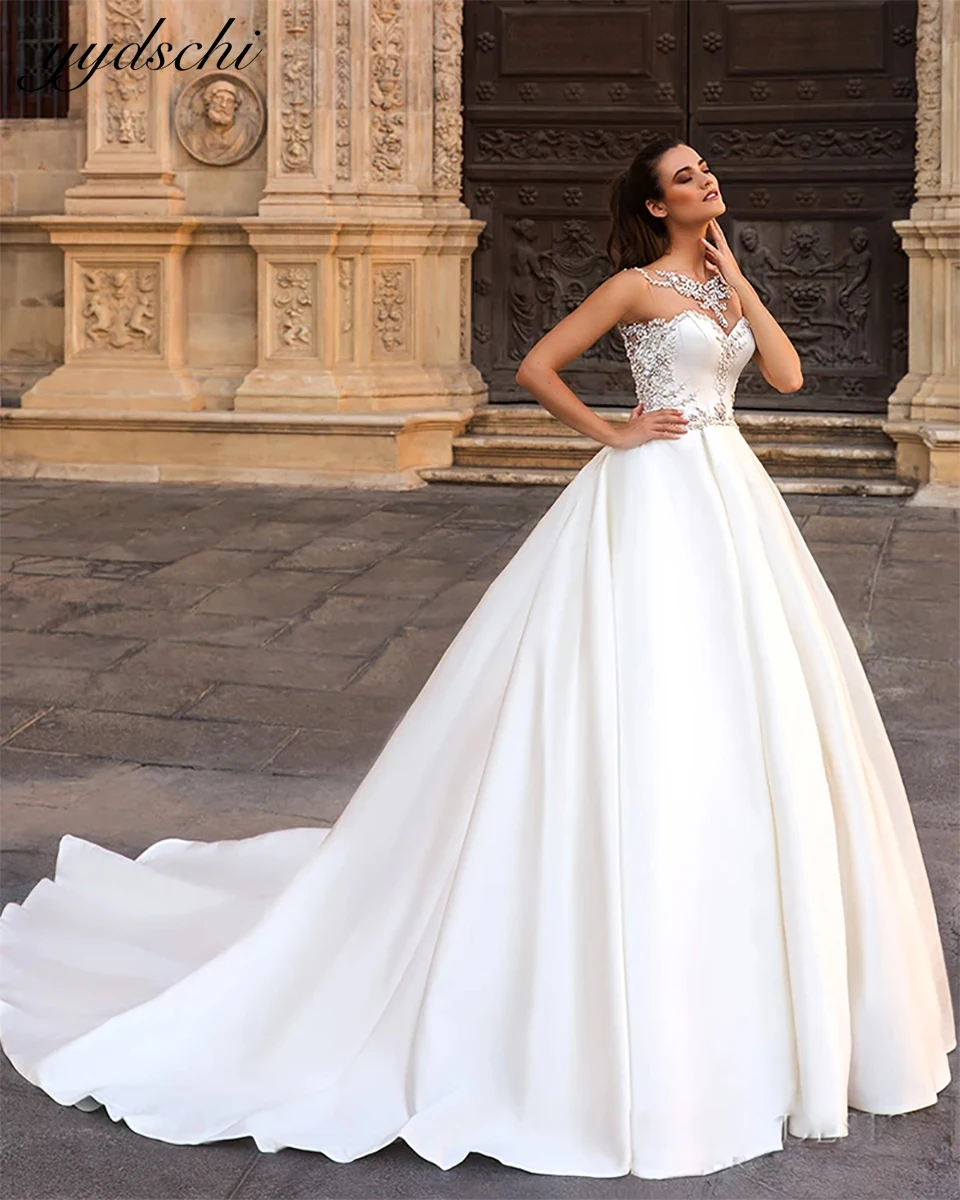 

Gorgeous Illusion Back Satin Ball Gown Wedding Dresses 2025 Sleeveless Beading Princess Bridal Gown For Women Vestido De Novia