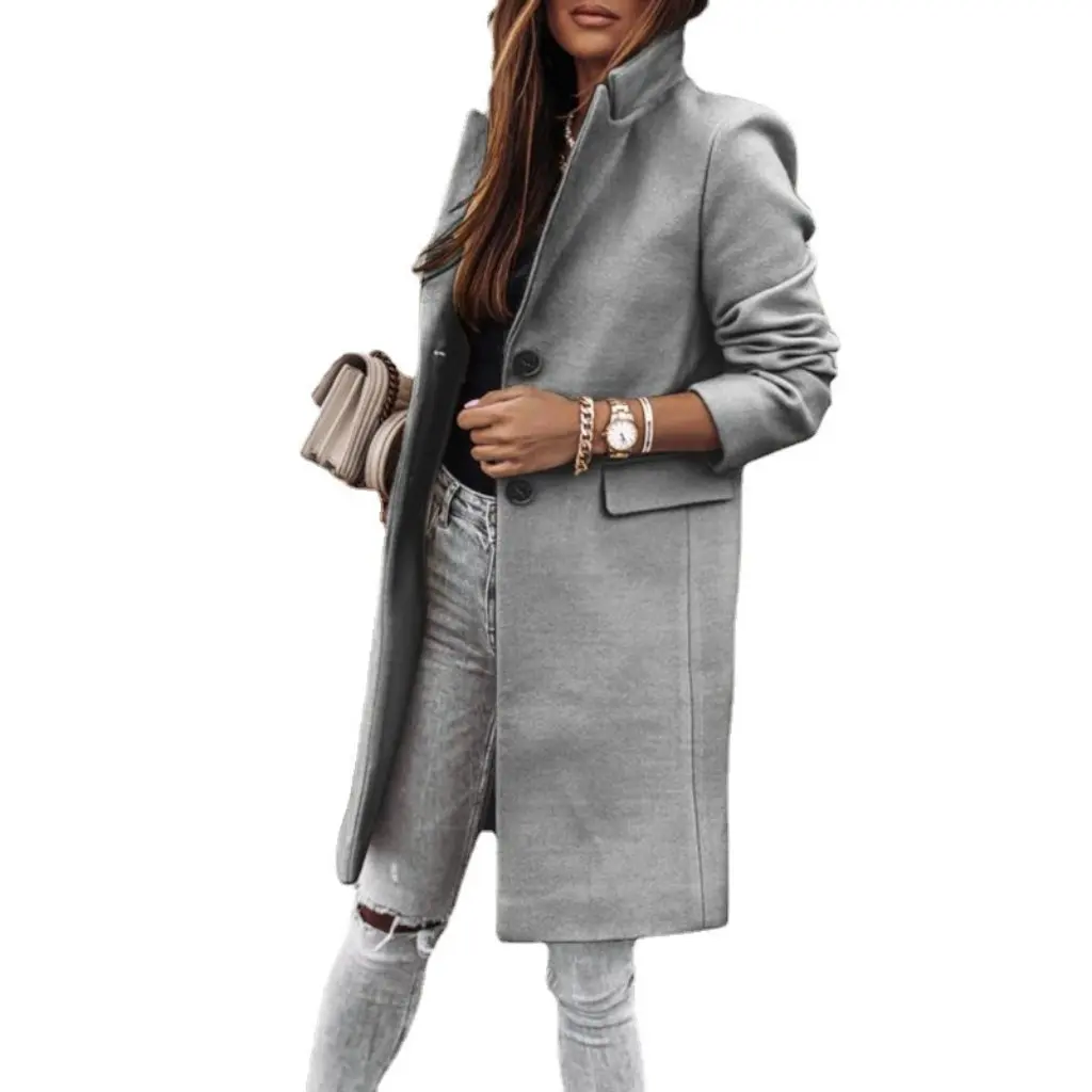 

Jin Han Women's Long Sleeve Button Woolen Coat Autumn Winter Simple Independent Station Wish Style
