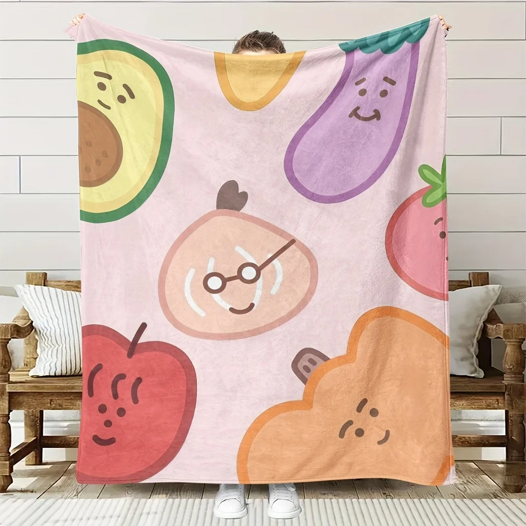 Cozy Cartoon Fruit Pattern Fleece Blanket, Soft High-Definition Digital Print, Perfect Gift, All-Season, Soft, Breathable