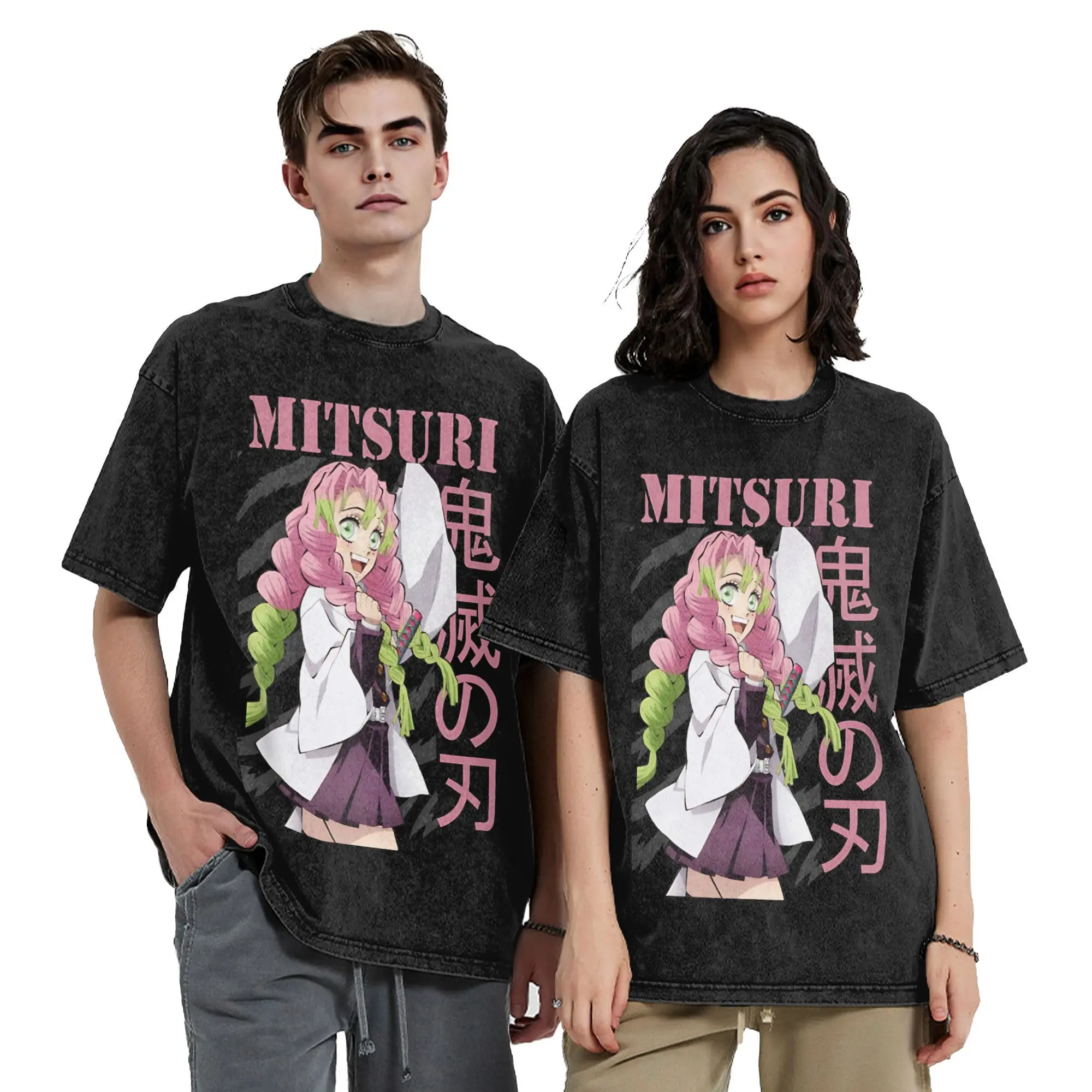 Mitsuri Demon Slayer Manga camiseta Hip Hop lavado 100% algodón High Street camiseta Vintage hombres mujeres Tops ropa de calle camisetas de verano
