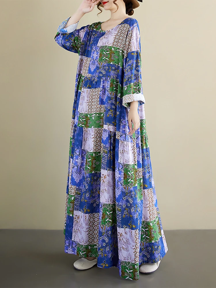 เดรสยาวแขนยาวพิมพ์ลายดอกไม้สไตล์วินเทจสำหรับผู้หญิง เดรสลำลองหลวมๆ สวยหรู เสื้อผ้าแฟชั่นสำหรับฤดูใบไม้ผลิและฤดูใบไม้ร่วง 2025
