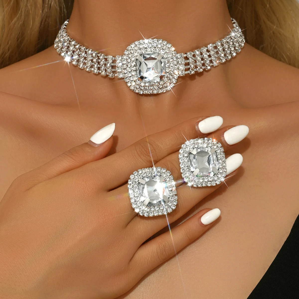 FYUAN Luxury 4-Layer Crystal Earrings Set for Women Geometric Design Copper Chain Perfect for Parties Weddings Holidays