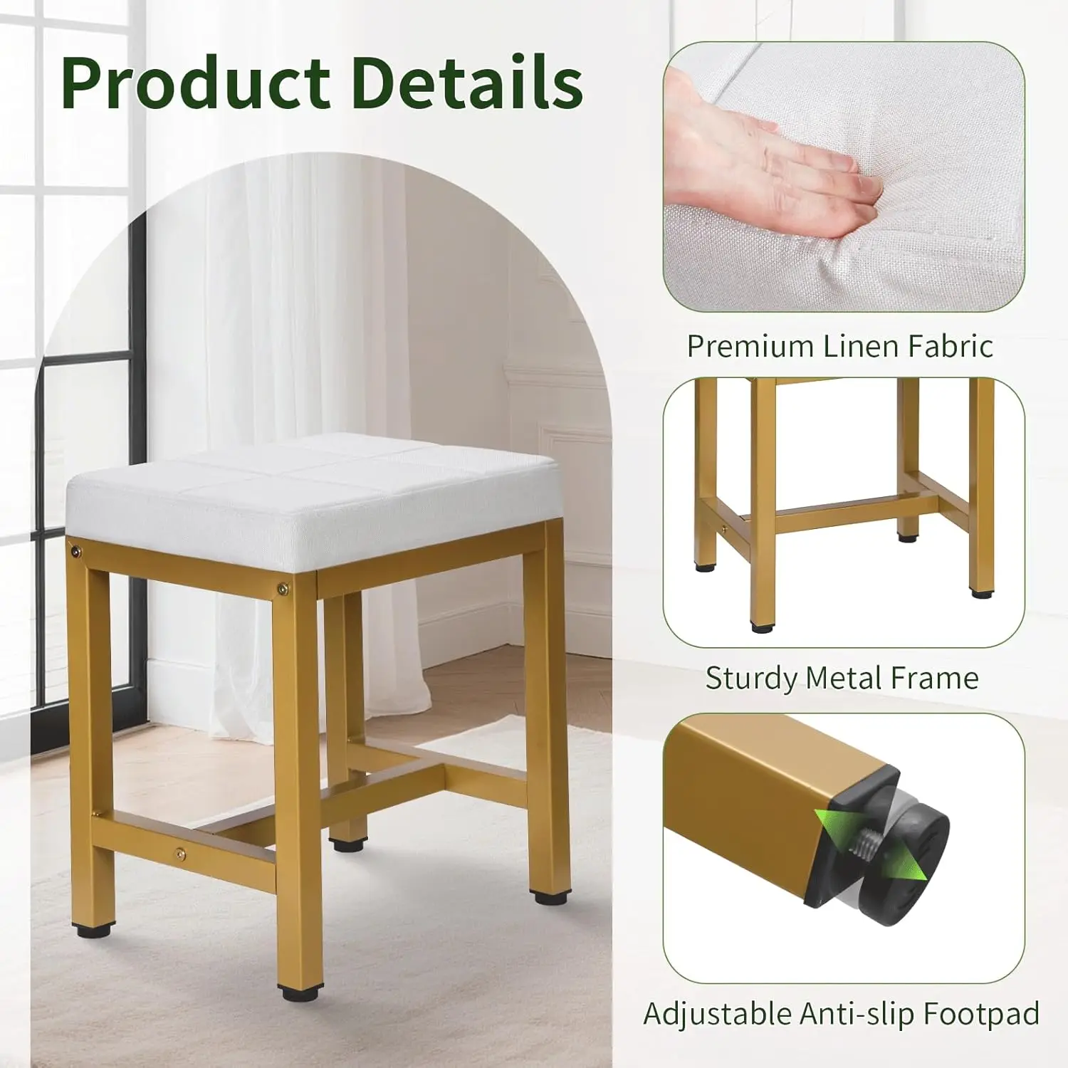 

**/Stool, Vanity Chair For Makeup Room, Square Linen Small Ottoman Foot Stool With Metal Legs, Modern Makeup Chair For Bedro