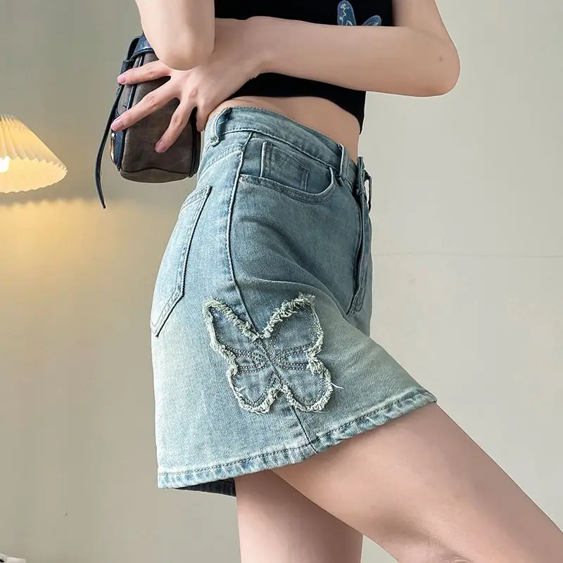 Women's Vintage Washed Denim Skirt High Waist Stretch Denim Solid Skirts Korean Summer Y2K Vintage Denim A-line Slimming Skirts