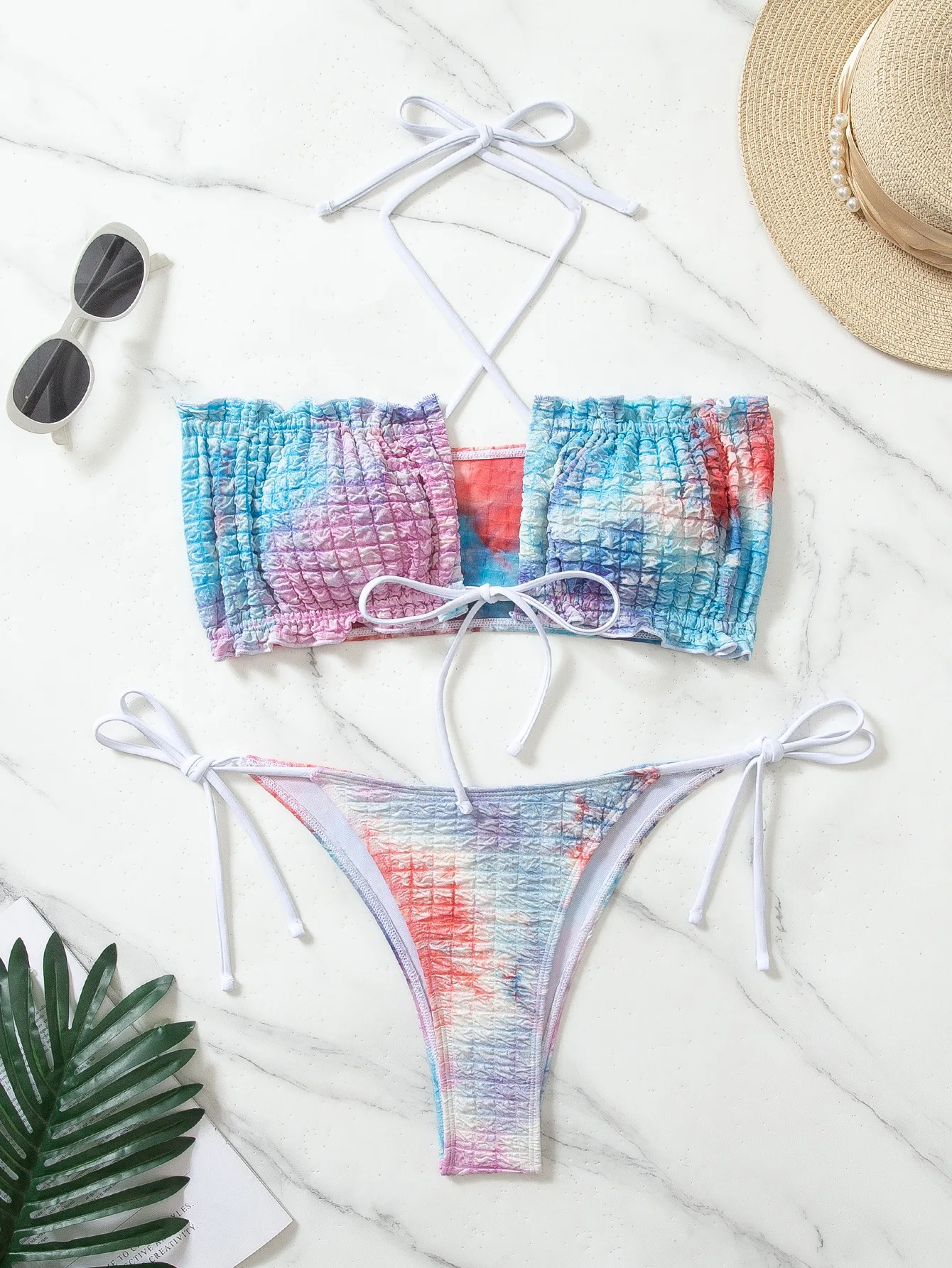 Sexy tie dye print bandeau bikini define duas peças halter enrugado maiô conjunto de biquíni tankini beachwear biquini