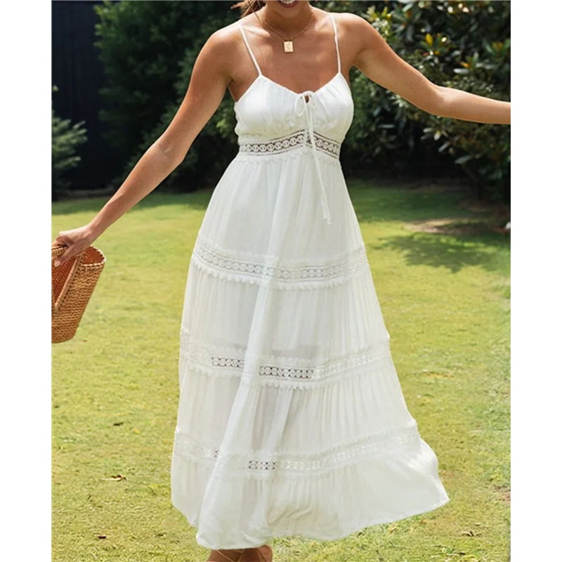 فستان FX-Women's Boho Crochet Lace Maxi بلون سادة للعطلات الصيفية وحزام سباغيتي فستان طويل