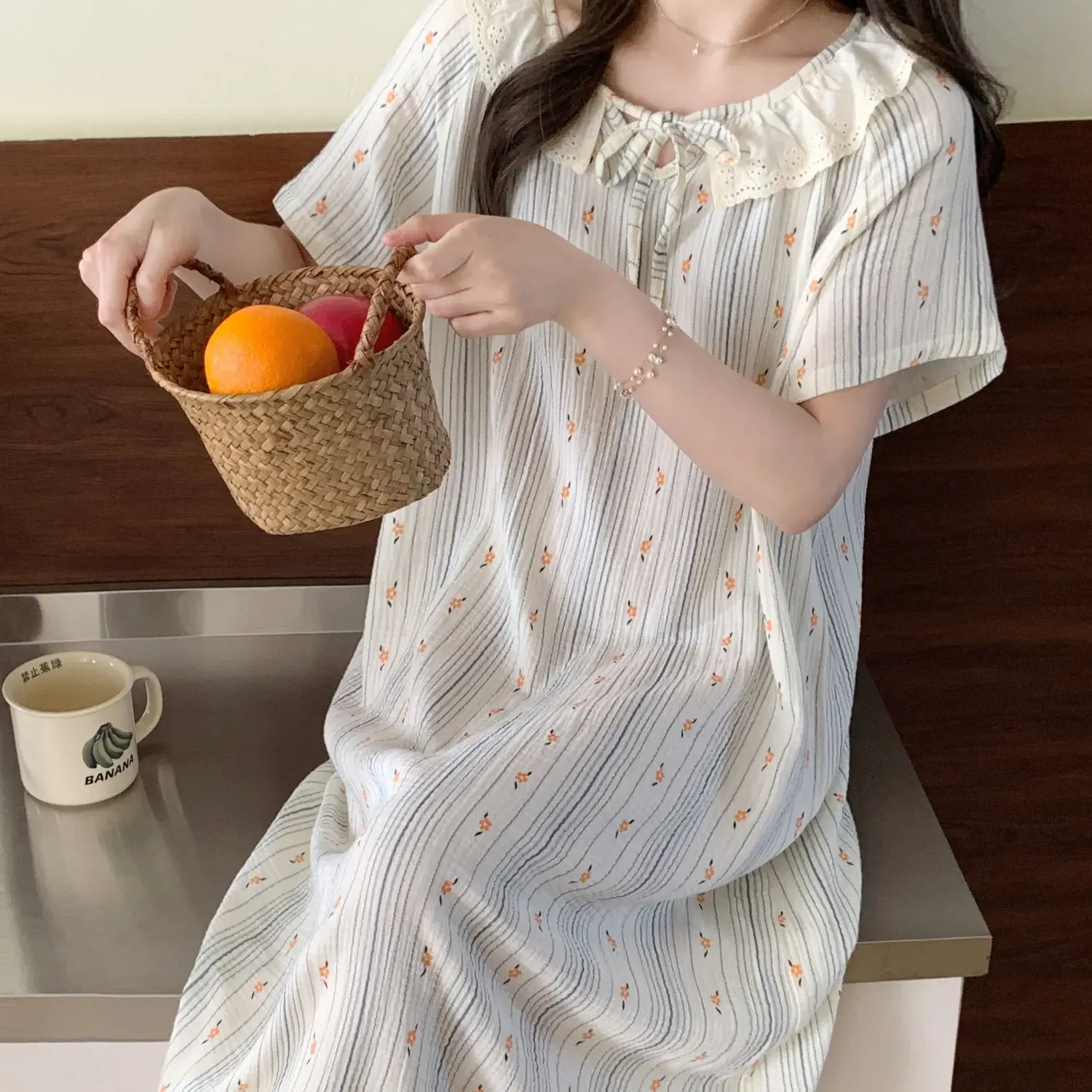 Floral Striped Sleepwear Womens Korean Style NightgownOne Piece Pajama Summer  Lace Short Sleeve Night Dress Home Wear 2024 New