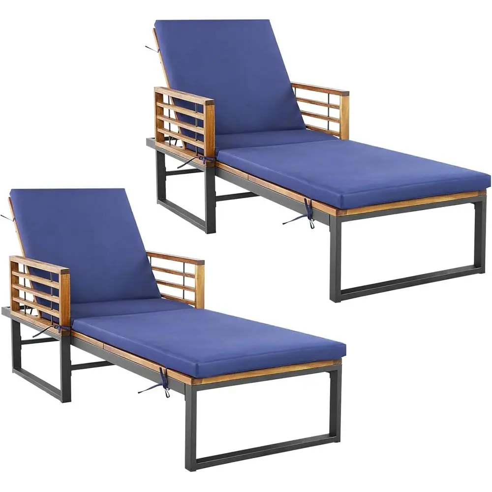 

Acacia Wood 2-Piece Adjustable Patio Chaise Lounge with Cushion, Outdoor Recliner for Backyard, Beach, or Poolside