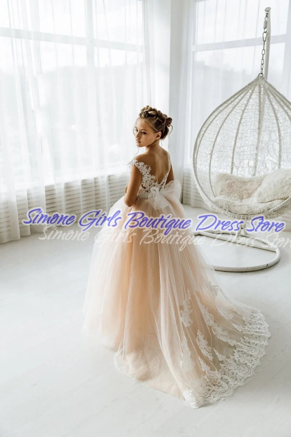 Tailing Pattern embroidered dress skirt Strappy bow design Flower Girl Dress for Piano performance Dance Performances Wedding