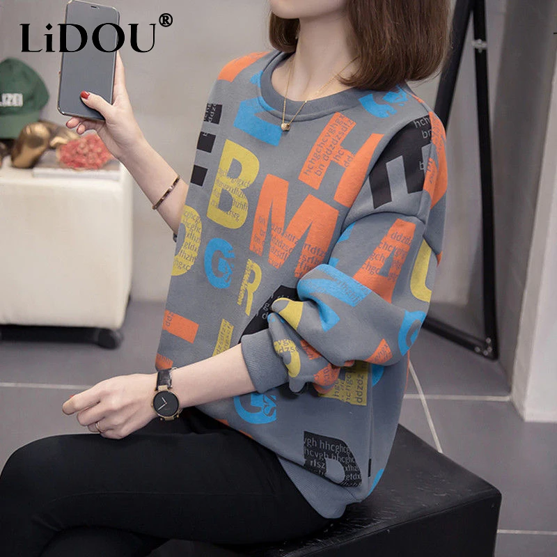 Autumn Winter Streetwear Letter Print Loose Casual Sweatshirt Top Women Long Sleeve Fashion Pullover Oversized All-match Jumper