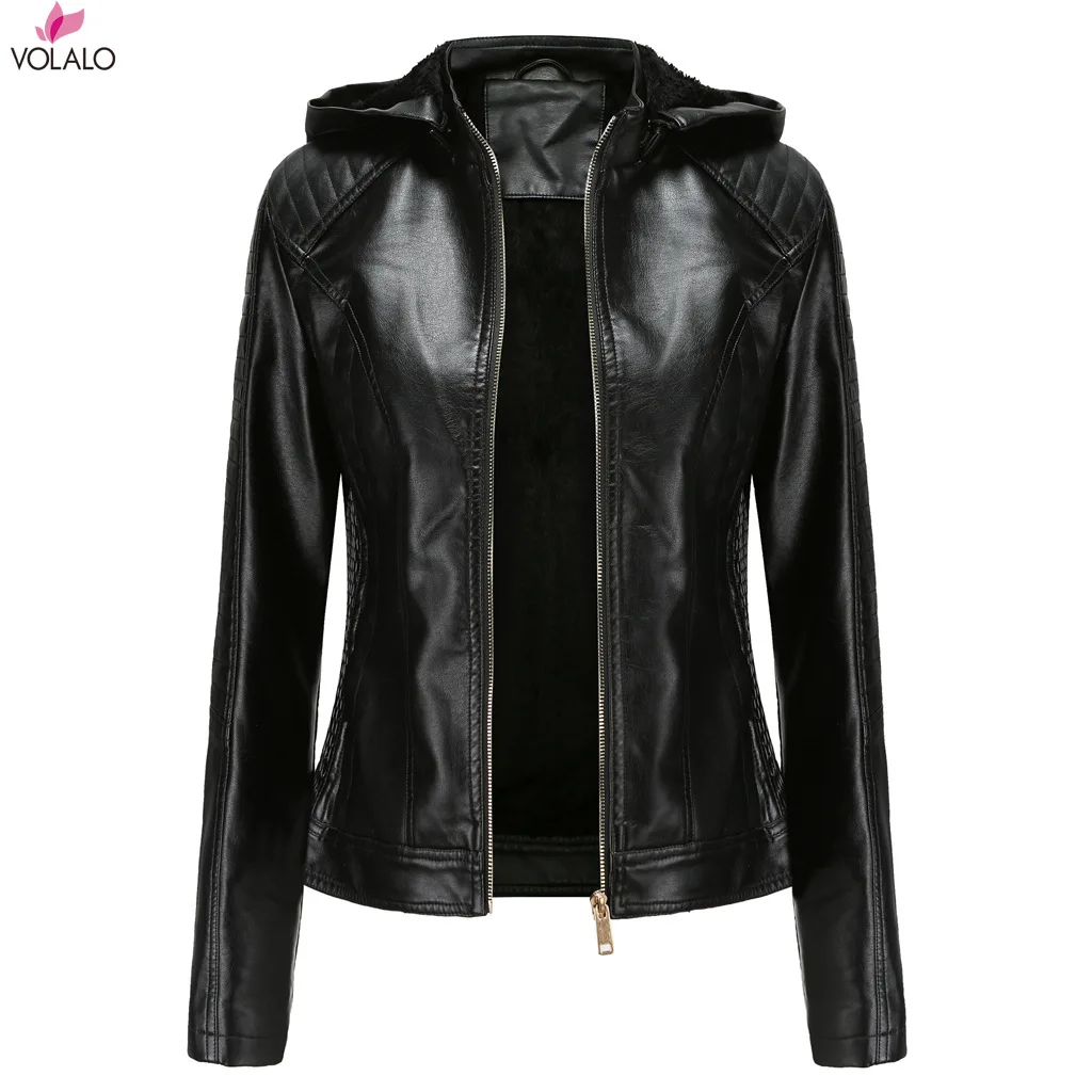 

VOLALO 2024 New Winter Warm Women Short Coat Leather Biker Jacket Parka Zipper Tops Overcoat Outwear Hooded