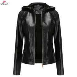 VOLALO 2024 Neue Winter Warme Frauen Kurzmantel Leder Biker Jacke Parka Zipper Tops Mantel Outwear Mit Kapuze