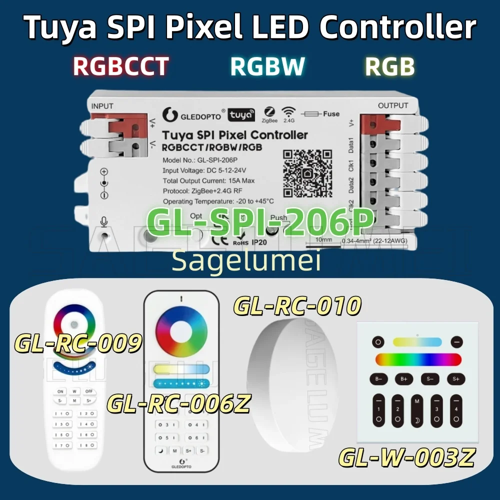 GLEDOPTO Tuya SPI Pixel LED Strip Light Controller Smart Life APP Control Dynamic Static Mode Music RGBCCTIC RGBIC GL-SPI-206P