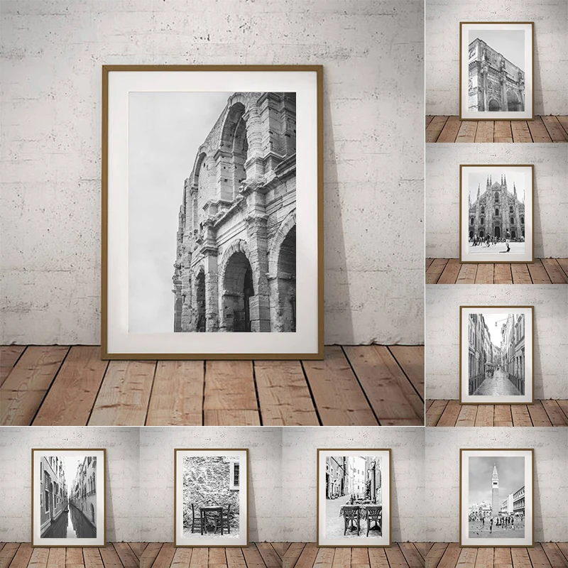 Arte de Italia, Milán, Venecia, Roma, impresiones de fotografía italiana, póster artístico grande para pared, pintura en lienzo, imagen en blanco y negro para sala de estar