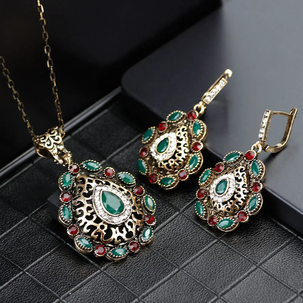 Neovisson Elegent Antique Turkish Bride Jewelry Sets Arabic Earring Necklace Round Crystal Vintage Indian Wedding Jewelry