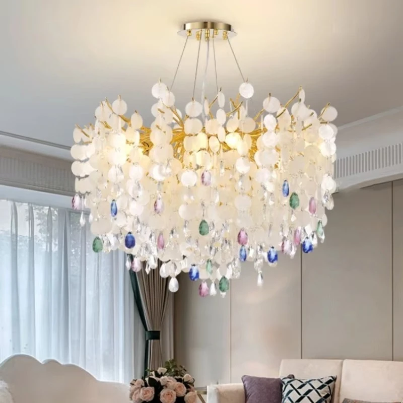

Круглая хрустальная потолочная люстра для спальни, гостиной, столовой, новые разноцветные хрустальные люстры из ракушек, роскошные золотые