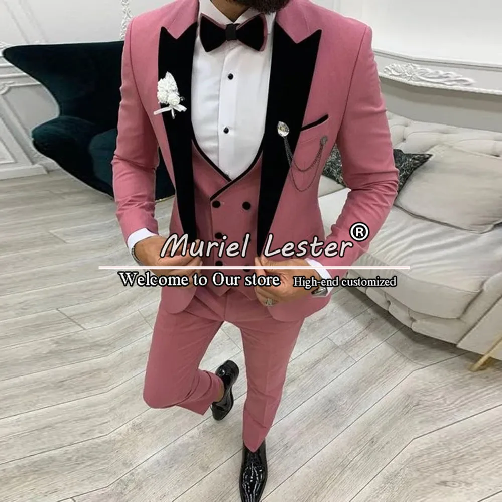 

Pink Suits Men Slim Fit Black Notched Lapel Formal Wedding Tuxedo Groom Blazer Sest Tailor-Made 3 Pieces Evening Business Dress