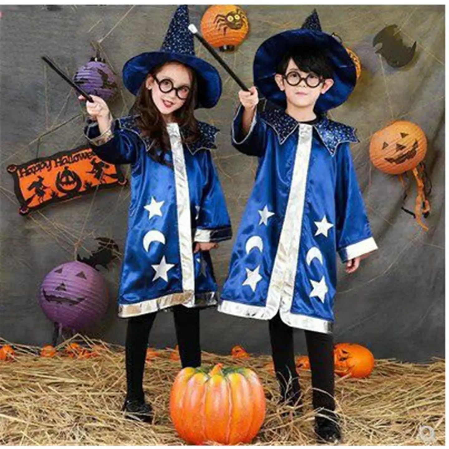 

loween New Children's Wizard Role Play Costume Robe Performance Outfit Magic Wand Included Kids Par Attire