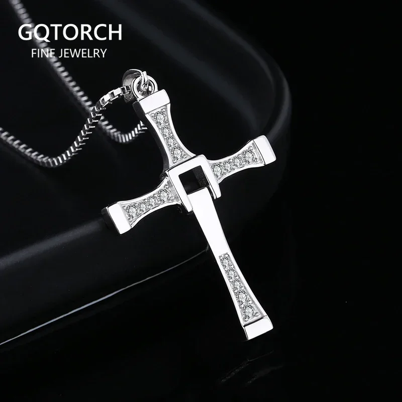 Fast and Furious Cross Pendant Necklace for Men S925 Sterling Silver Inlaid Zircon Rotatable Fashion Punk Rock Style