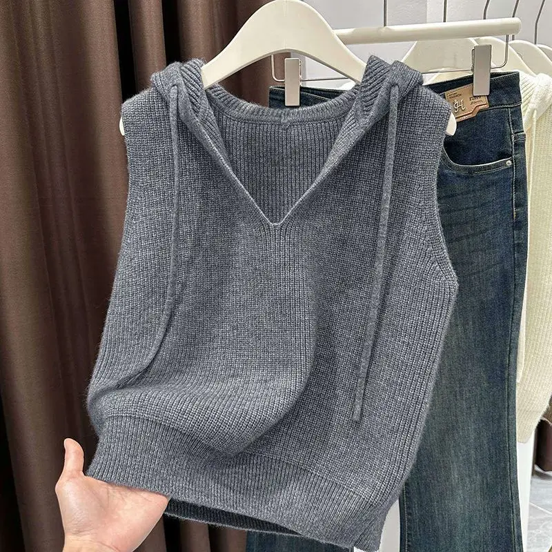 

Hooded Jumper Sleeveless Sweater Vest Women 2026 Autumn Winter New Loose Knitted Pullover Waistcoat Coat Female Top