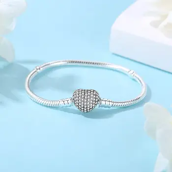 925純銀手鐲,愛心夾扣吊墜,串珠,蛇形鏈,女士玫瑰金DIY奢華珠寶 10 最佳銷售 潘朵拉手鐲 - №1