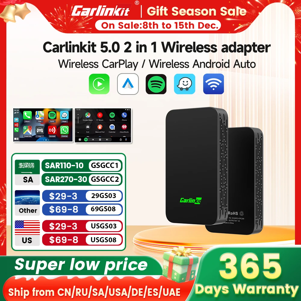 Carlinkit 5 2air Wireless CarPlay Android Auto Wireless Box 2in 1 Adapter 2-Channel Work Waze Spotify 5.8Ghz WiFi BT5.0 Siri GPS