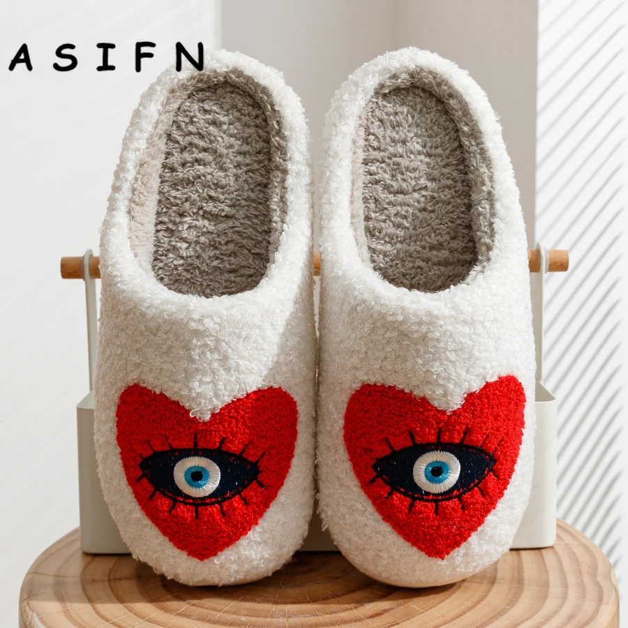 Women's Slippers Winter Warm Homeshoes Evil Eye Fuzzy Comfy Cute Heart Flat Sole Funny Home Flip Flops Women Casual Cotton Shoes