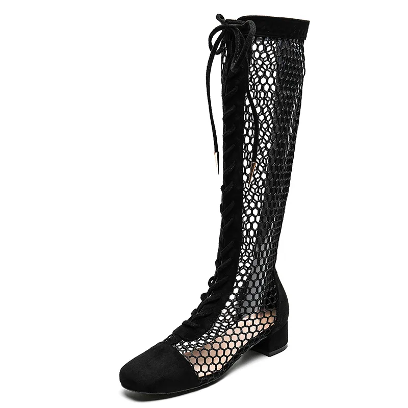 

UVRCOS Summer Mesh Cutouts Knee High Boots Square Toe Lace-up Chunky Heels Long boots Women Runway Shoes Nude Black