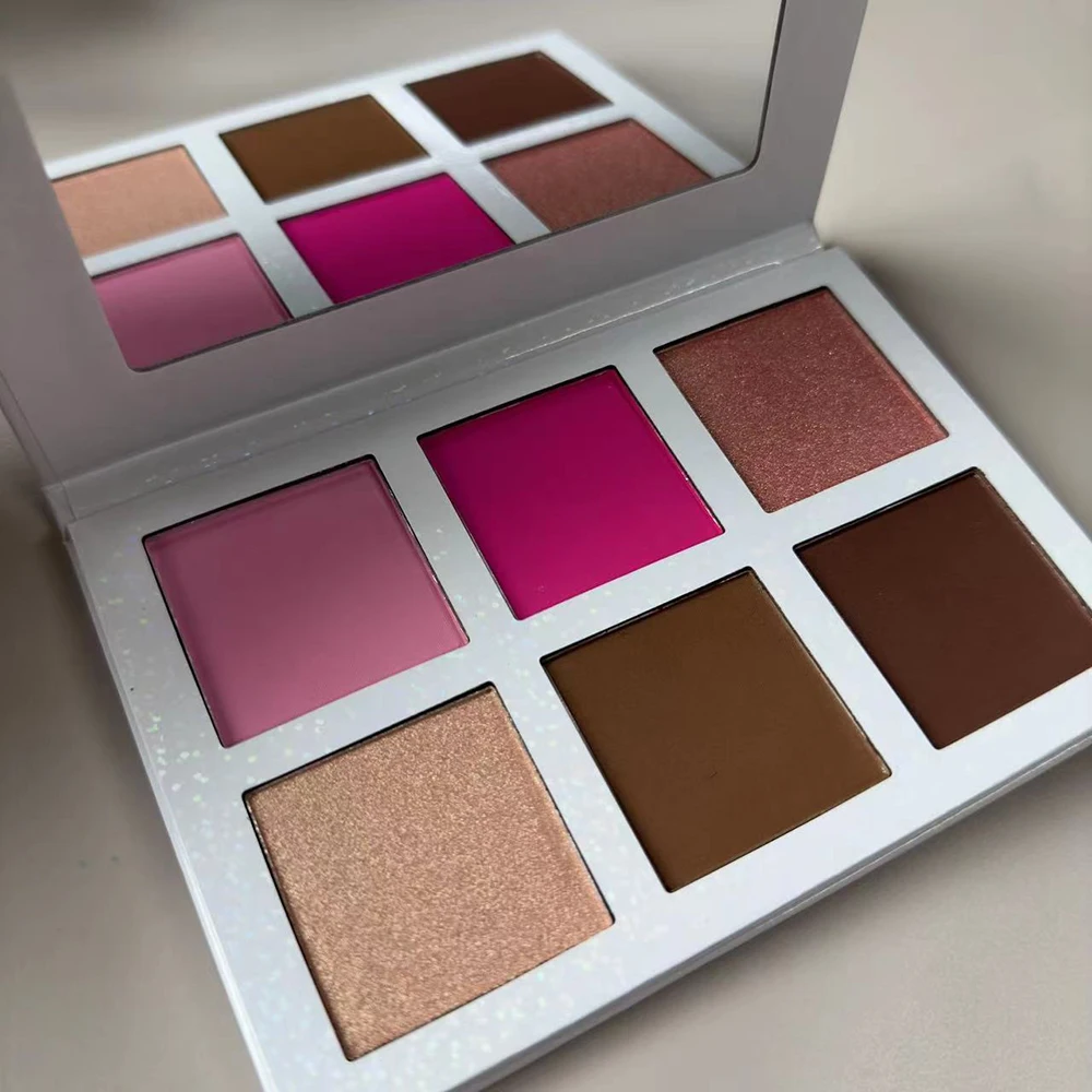 Palette de contour de fard à joues à reflets de 6 couleurs, marque privée, Logo personnalisé, éclaircissant, longue durée, imperméable, maquillage, vente en gros, sans cruauté