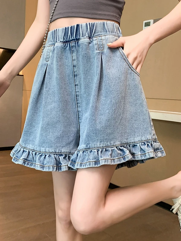 Authentic High Waist Sweet Lace Short Jeans Women's plus Size Conceal Meat Slimming Large Code Blue Denim Casual Summer