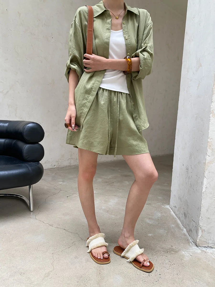Sommer Damen Casual Einfarbiges Sonnenschutz-Kragen-Langarmshirt mit Kordelzug-Shorts, Lockeres Set – Detail 23