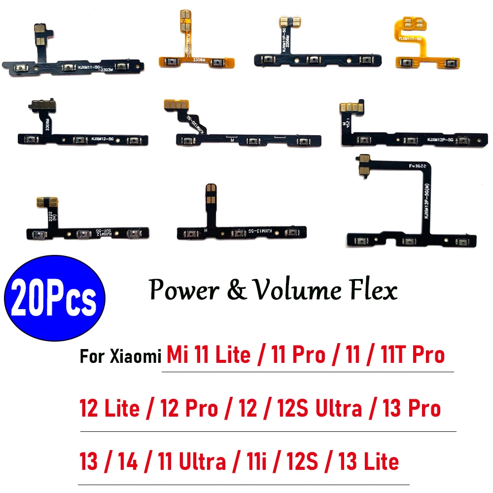 

20Pcs，Power On Off Volume Side Button Key Flex Cable Replacement Parts For Xiaomi Mi 11 12 12S 13 Lite Pro 14 12s 11 Ultra 11i