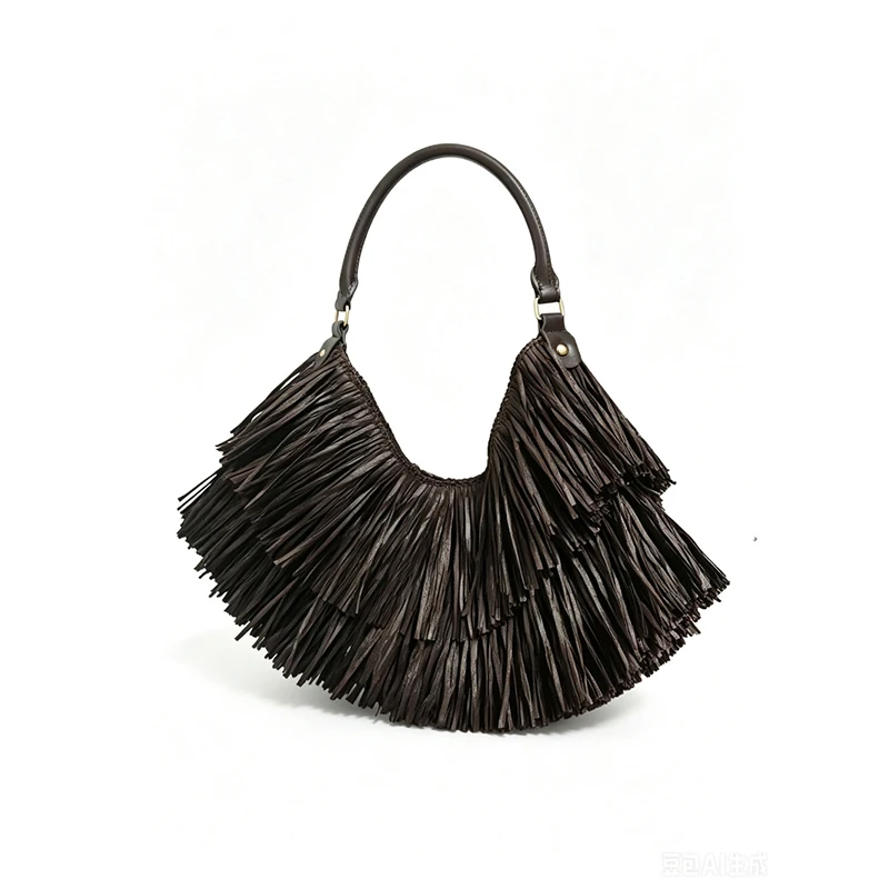 Vintage-Handtasche mit Quasten, Damen-Hobo-Fransen-Unterarm-Schultertasche, Designer-Retro-Freizeit- und Alltagstasche, Kaffeebraun – Detail 2