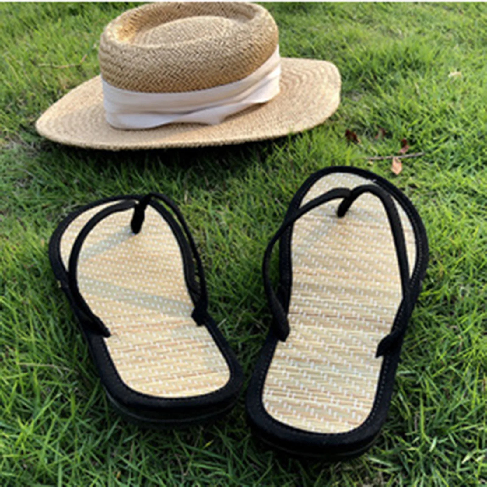 Fashion Ladies Straw Mat Slippers Strap Flat Flip Flops 2023 Summer New Leisure Rattan Grass Weave Comfortable Home Slippers image 6