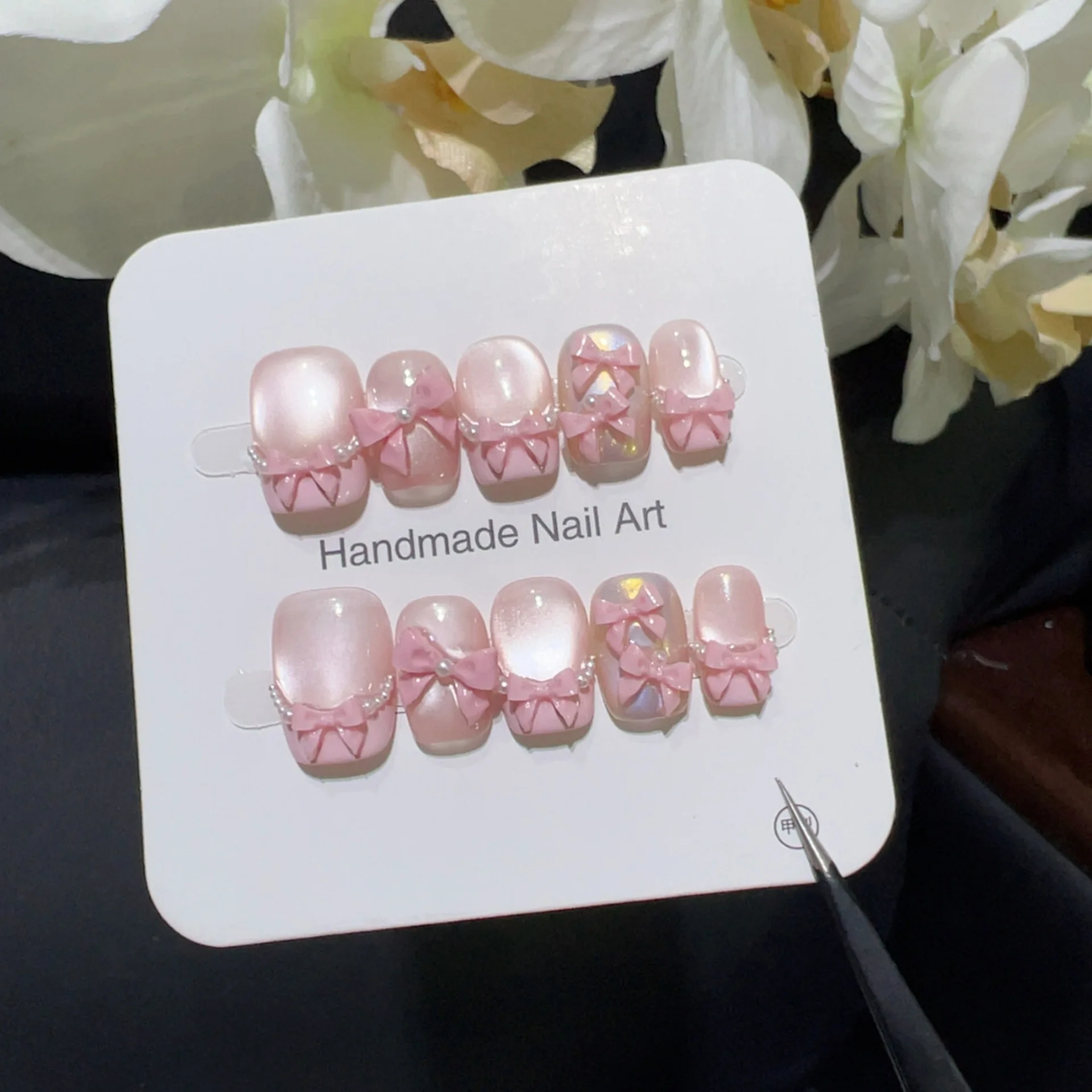 

10pcs Handmade French Short Press on Nails Shiny Pink Cat Eye Full Cover 3D Bow Design Sweet Cute Fake Nails Wearable Nails Art