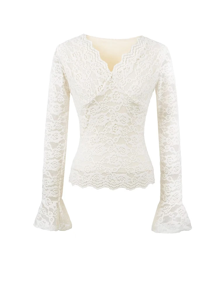 

Women's V-Neck Flared Sleeve T-Shirt Brushed Stretchy Slim Long Sleeve Top Lace Trim Tees