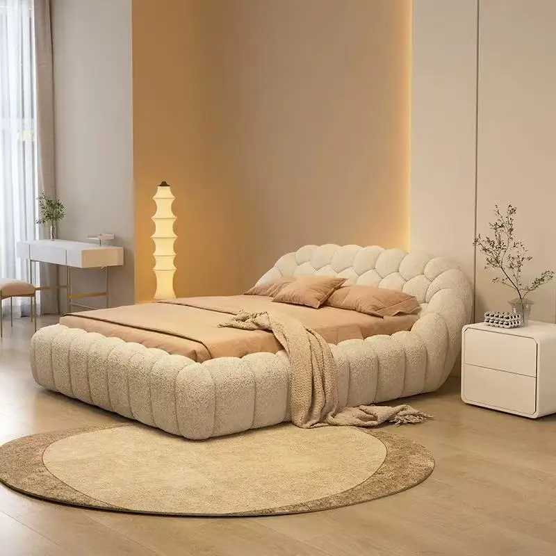 

Italian Modern King-Size Upholstered Bed Unique High Density Foam Bubble Design Soft Velvet Fabric Teddy Bedroom Wooden