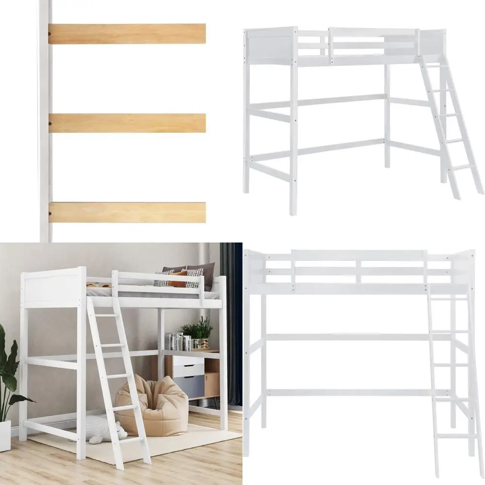 

White Twin Size Loft Bed with Ladder, Wood Slats, Full-Length Guardrails, and Under-Bed Play Area for Kids and Adults