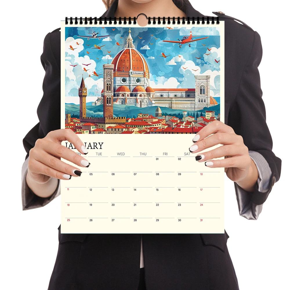 1 pezzo, 2026, edifici di riferimento di fama mondiale, 12 disegni distinti, calendario da parete, compleanno, Natale, regalo di Capodanno