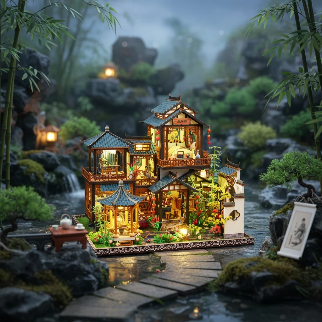 OUZEY Kit DIY para casa de bonecas de madeira grande - Conjunto completo de móveis em miniatura, brinquedo de montagem artesanal e presente para meninas