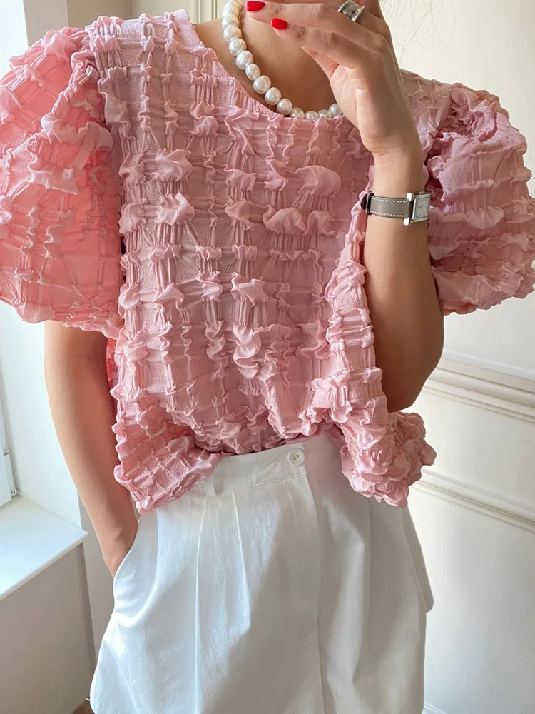 

Chic Plaid Bubble Sleeve Shirt Women's round Neck Loose Slimming Pleated Sweet Casual Top Princess Style Cotton Polyester