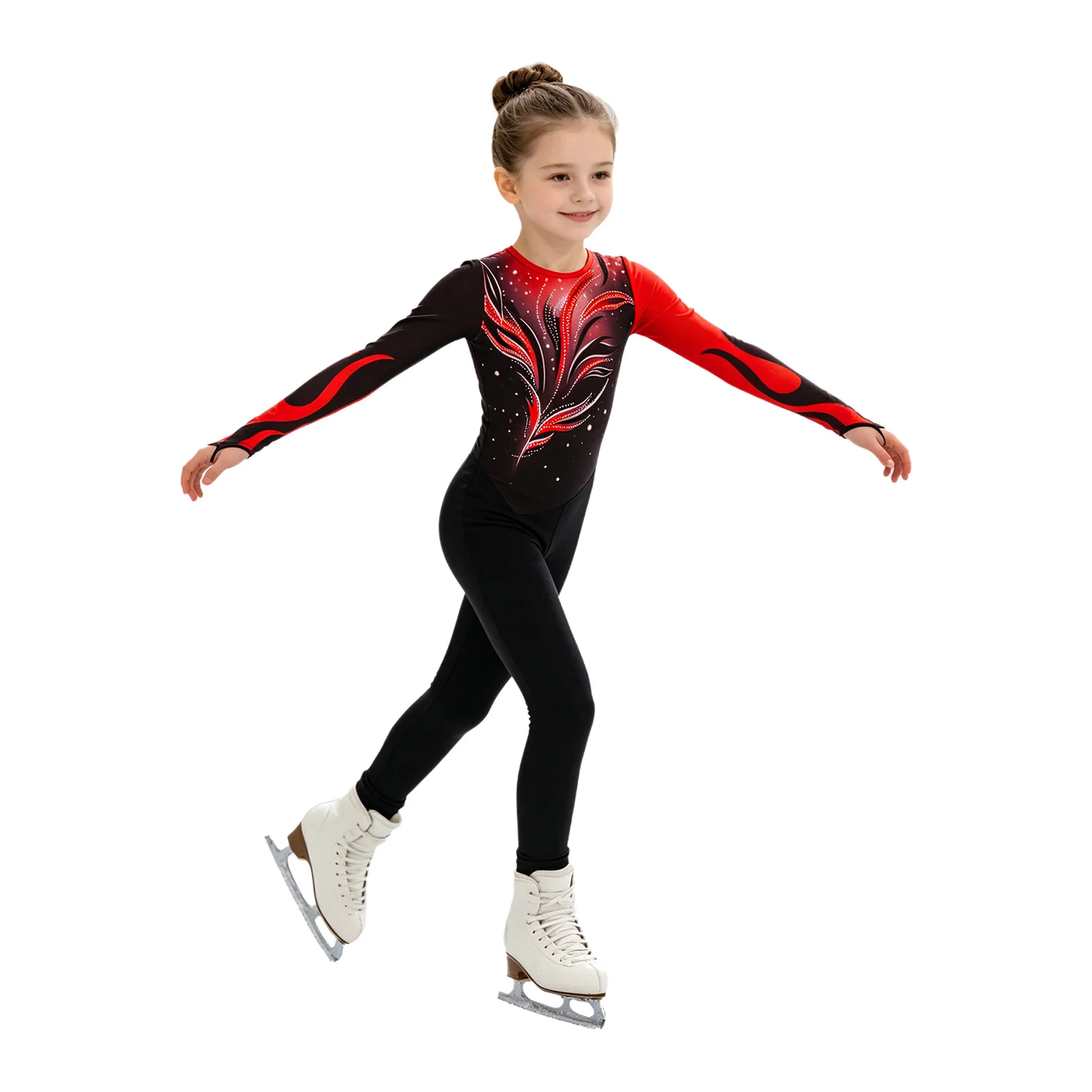 Girl Gymnastics Leotard Contrast Color Printed Long Sleeves Full Body Jumpsuit Ballet Dance Figure Skating Acrobatics Costume