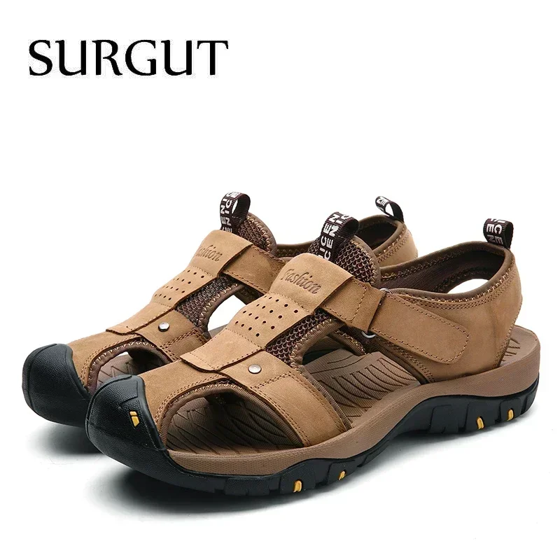 SURGUT Summer New Sandals Men Leather Classic Roman Sandals 2026 Slipper Outdoor Sneaker Beach Men Water Trekking Casual Sandals